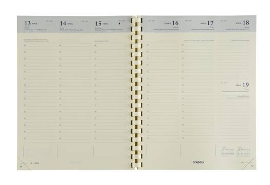 Brepols agendavulling 2019 Timing 6-talig met weekoverzicht en uurindeling (8:00u-22:00u). Gespiraleerd met chamois papier en scheurhoekjes op formaat 16,8 x22cm.