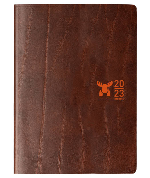 Brepols agenda 2019 Timing Moose 6-talig met weekoverzicht en uurindeling (8:00u-22:00u). Gebonden agenda met chamois papier, scheurhoekjes en een leeslint in een soepele gerecycleerd lederen omslag op formaat 17,1 x22cm.