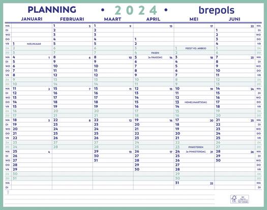 Brepols maxi planning 2019 Nederlandstalig. Jaaroverzicht met januari tem juni op 1 zijde en juli tem december op de keerzijde. Onderaan extra notitieruimte, FSC, 42 x 33 cm.