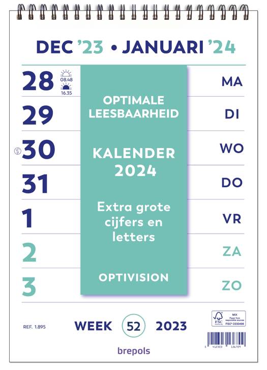 Brepols Optivision kalender 2019 wire-o met grote cijfers & letters Nederlandstalig voor een optimale leesbaarheid. Met veel notitieruimte bij elke dag op wit papier op formaat 21 x 29,5 cm.