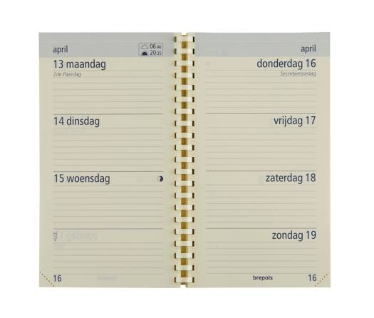 Brepols agendavulling 2019 Optivision pocket Nederlandstalig met weekoverzicht en een optimale leesbaarheid. Gespiraleerd met chamois papier en scheurhoekjes op formaat 9 x 16 cm.