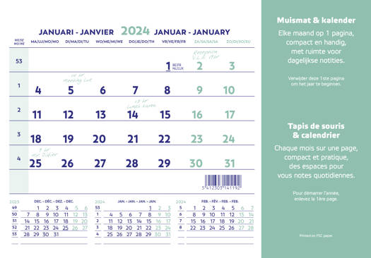 Brepols Muismat en maandkalender 2019 4-talig met ruimte om dagelijks korte boodschappen neer te schrijven op formaat 23 x 18 cm.